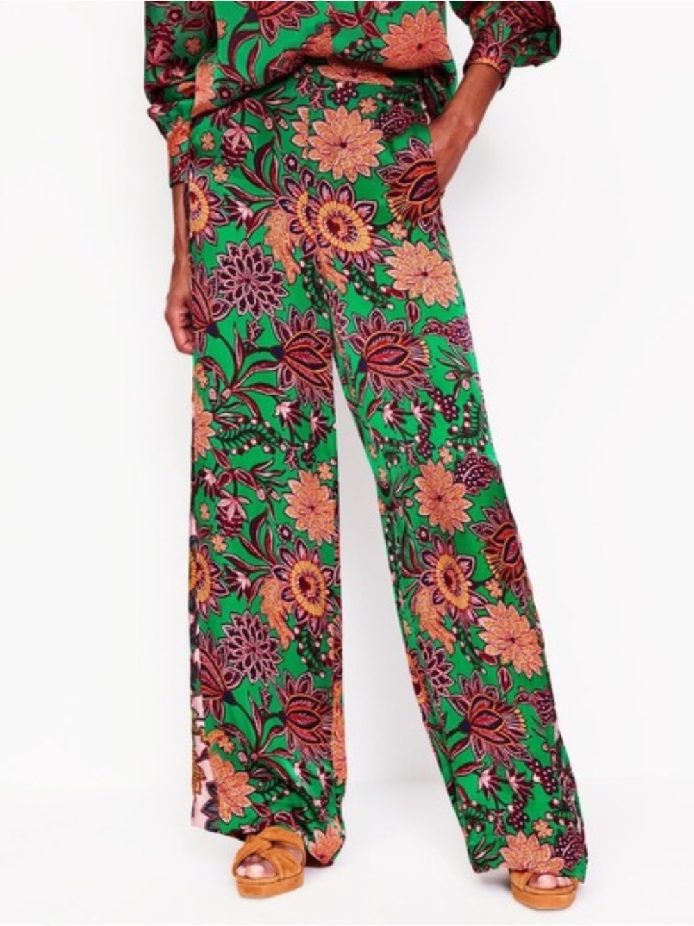 Boden Green Wide Leg Floral Pull-on Trouser size 10Long Rich Emerald Ornate Bud